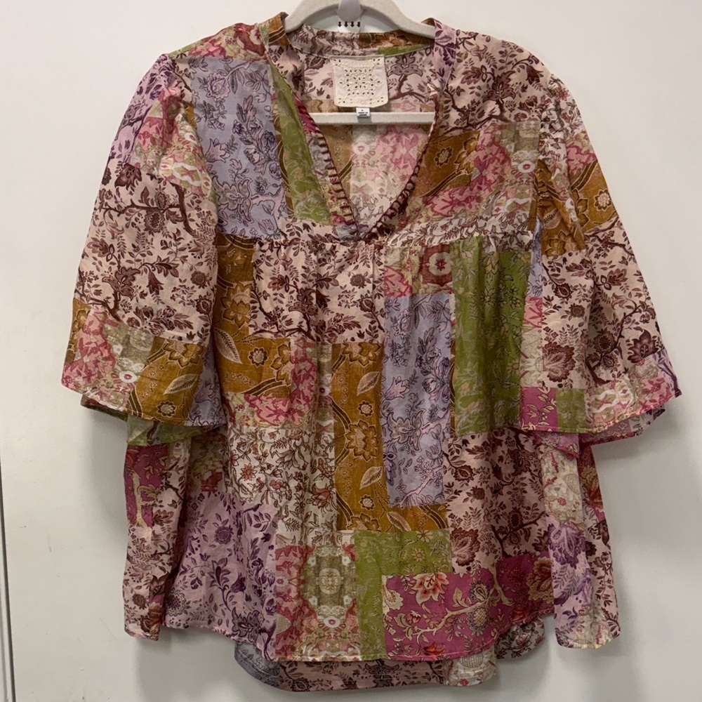 JOHNNY WAS MULTICOLOR PATCHWORK BLOUSE.